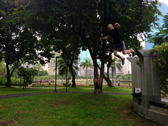 Practicing drop jumps with my Parkour instructor in Bangkok