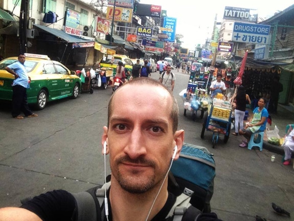 An early Saturday on Khaosan Road in Bangkok. In a word: Messy.