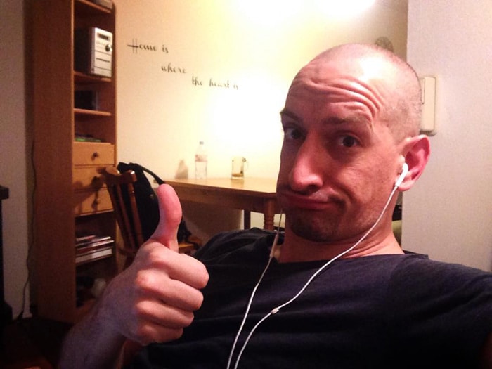 Exhausted after long days of recording audio and video.