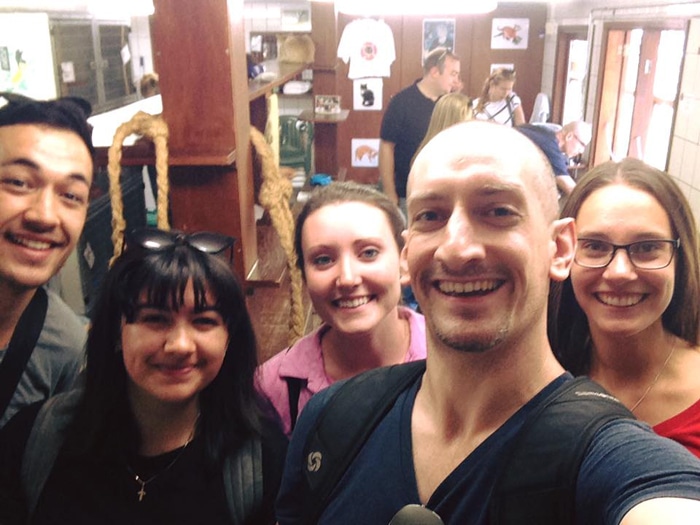 Visiting a floating cat sanctuary in Amsterdam, with filmmaker Sam and fellow bloggers Savannah and Jess.