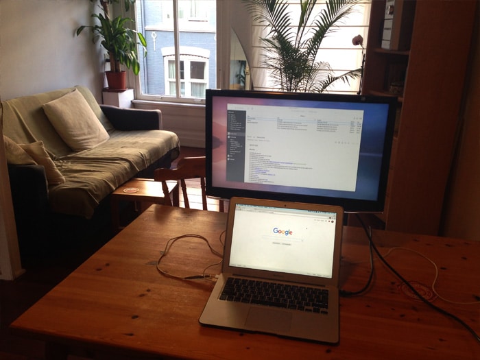 Dual monitor setup at the home office.