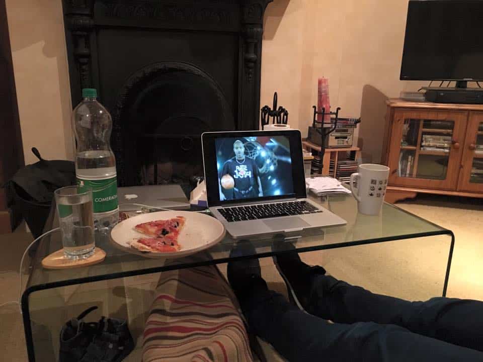 Reliving teenage years with the Cuz. Pizza and old-school NBA and staying up late.