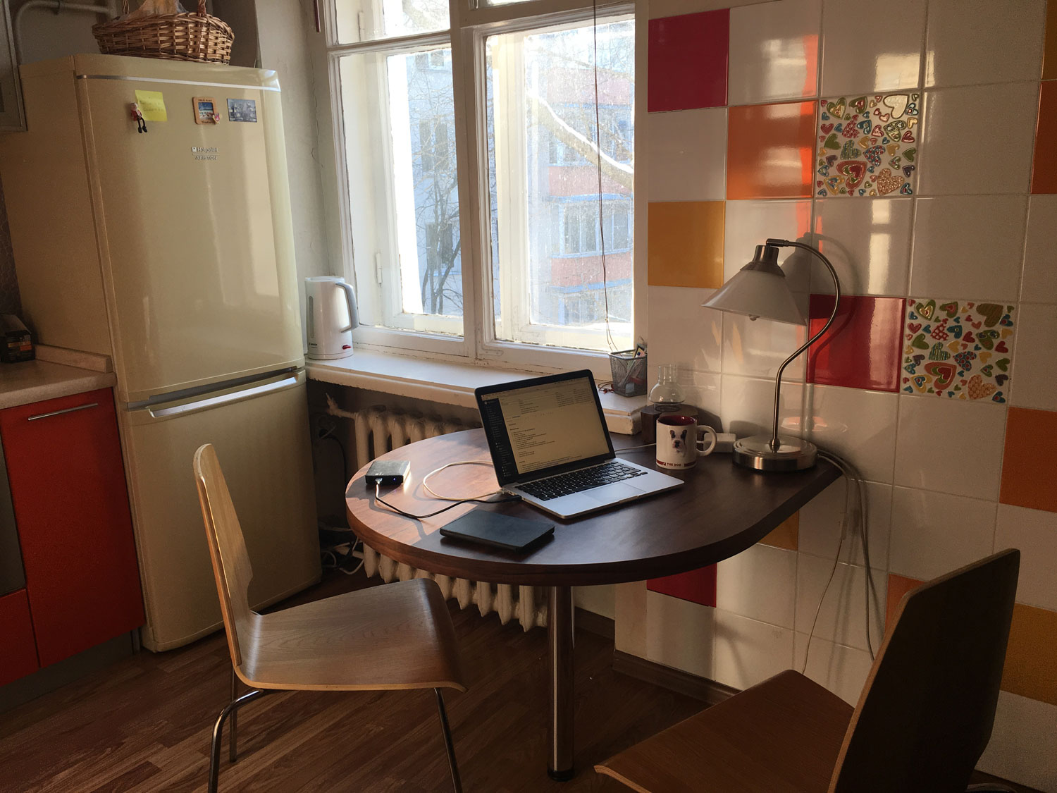 The kitchen/office in my Airbnb in Moscow