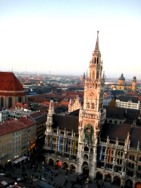 Munich's Marienplatz seen from above, the Neues Rathaus tower rising over the square
